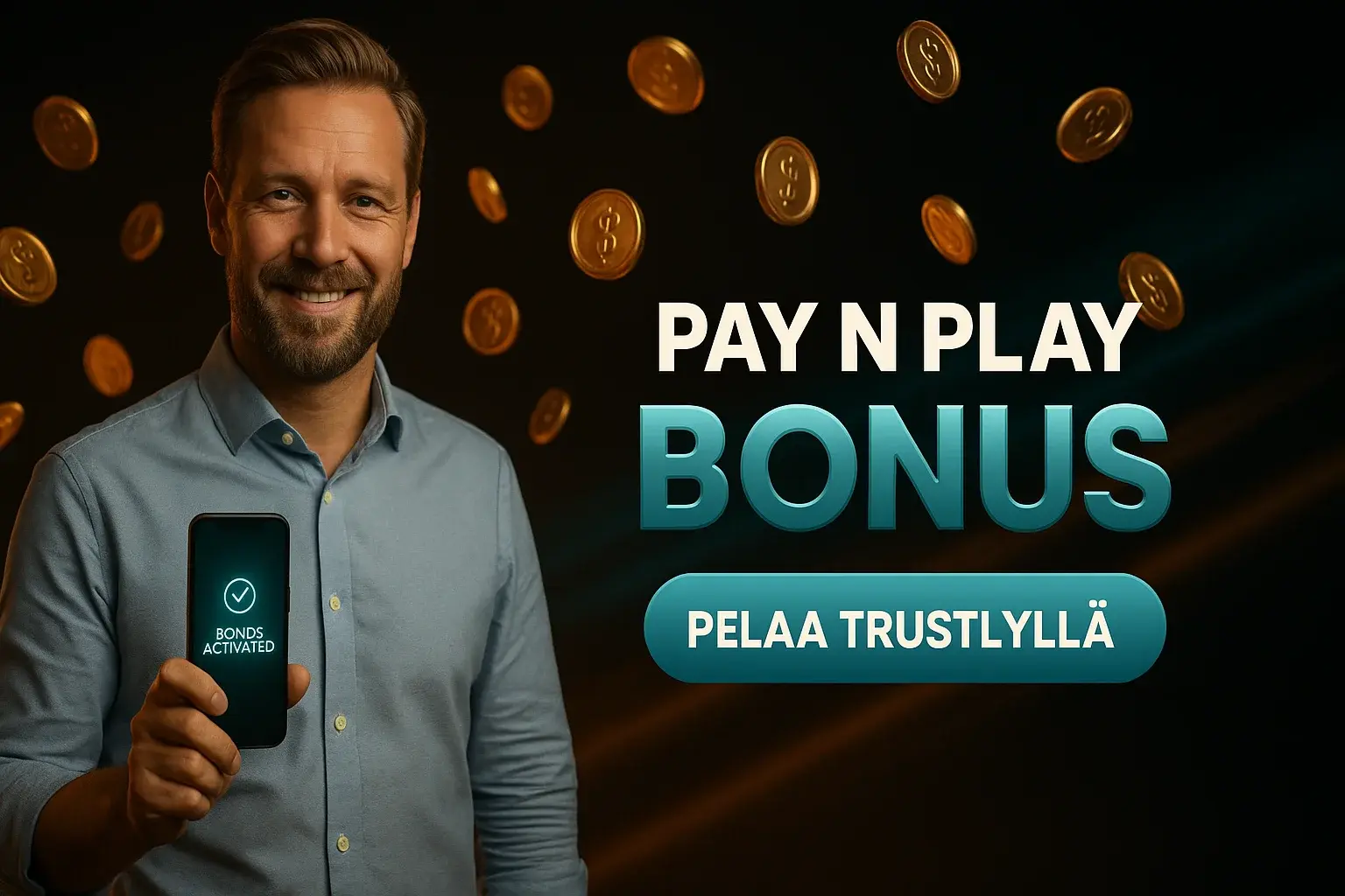 Valokuvarealistinen Pay N Play -kasino bonusbanneri, mies ja hehkuva puhelin