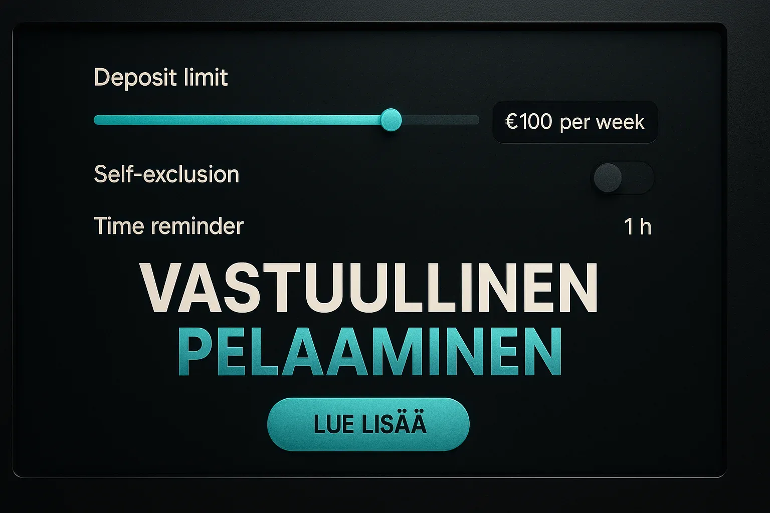 Fotorealistinen suomalainen kasinobanneri vastuullisen pelaamisen käyttöliittymällä ja CTA-painikkeella