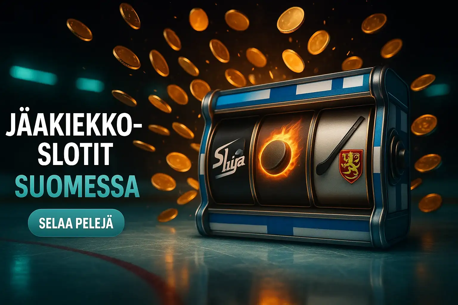 Suomalainen jääkiekkoaiheinen kolikkopelibanneri, SM-liiga symbolit ja kultakolikot