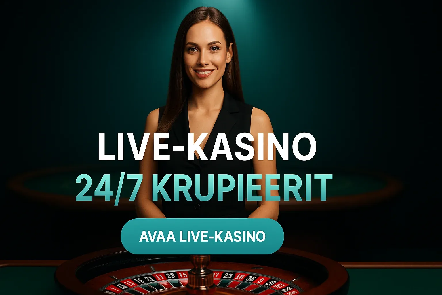 Fotorealistinen live-kasino banneri, suomalainen krupieeri ja rulettipöytä taustalla