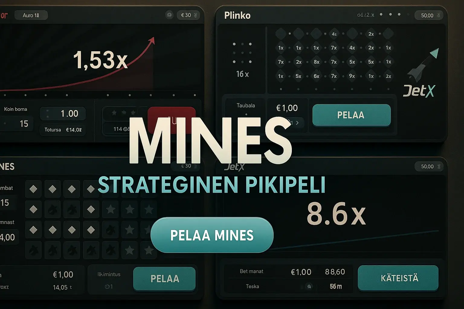 Suomalainen kasinobanneri, crash-pelien ruutukaappaukset ja Mines CTA-painike