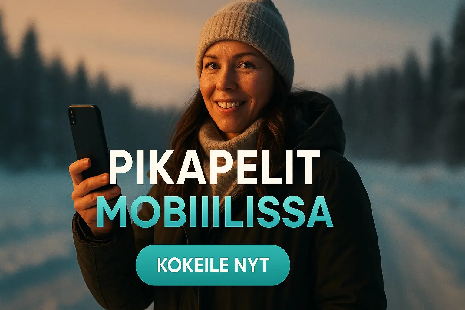 Suomalainen nainen talvimaisemassa pitelee älypuhelinta, kasinomainosbanneri tekstillä
