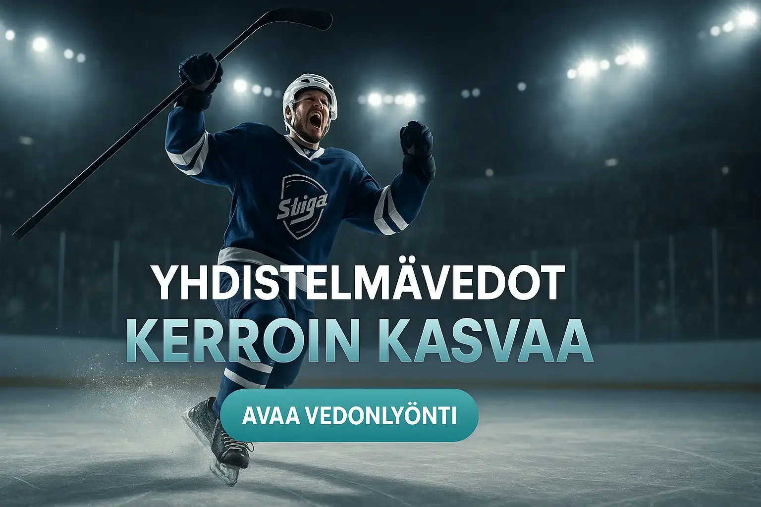Suomalainen jääkiekkoilija juhlii maalia, vedonlyöntibanneri ja CTA-painike